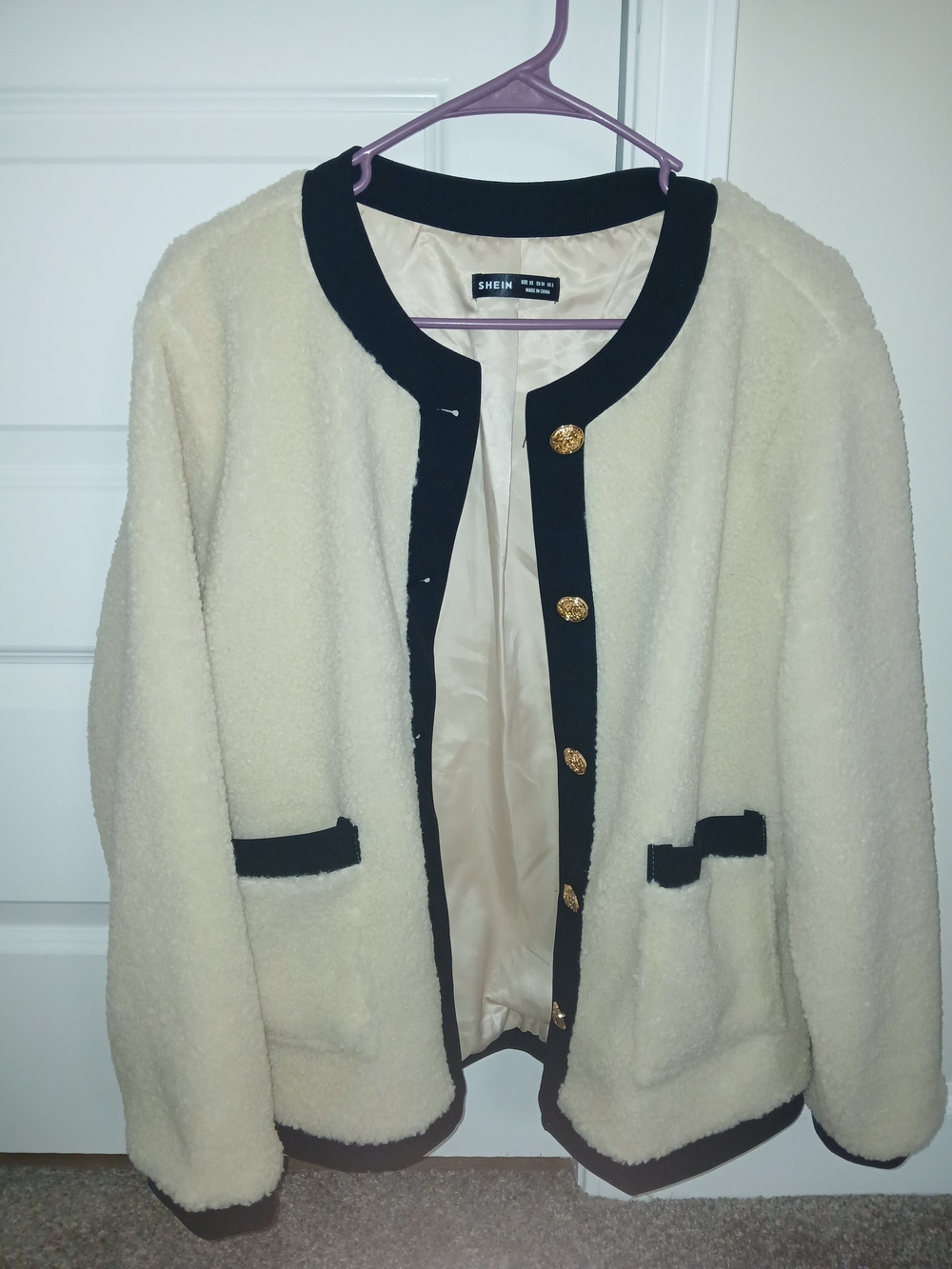 SHEIN Cream Teddy Jacket with Black Trim and Gold Buttons